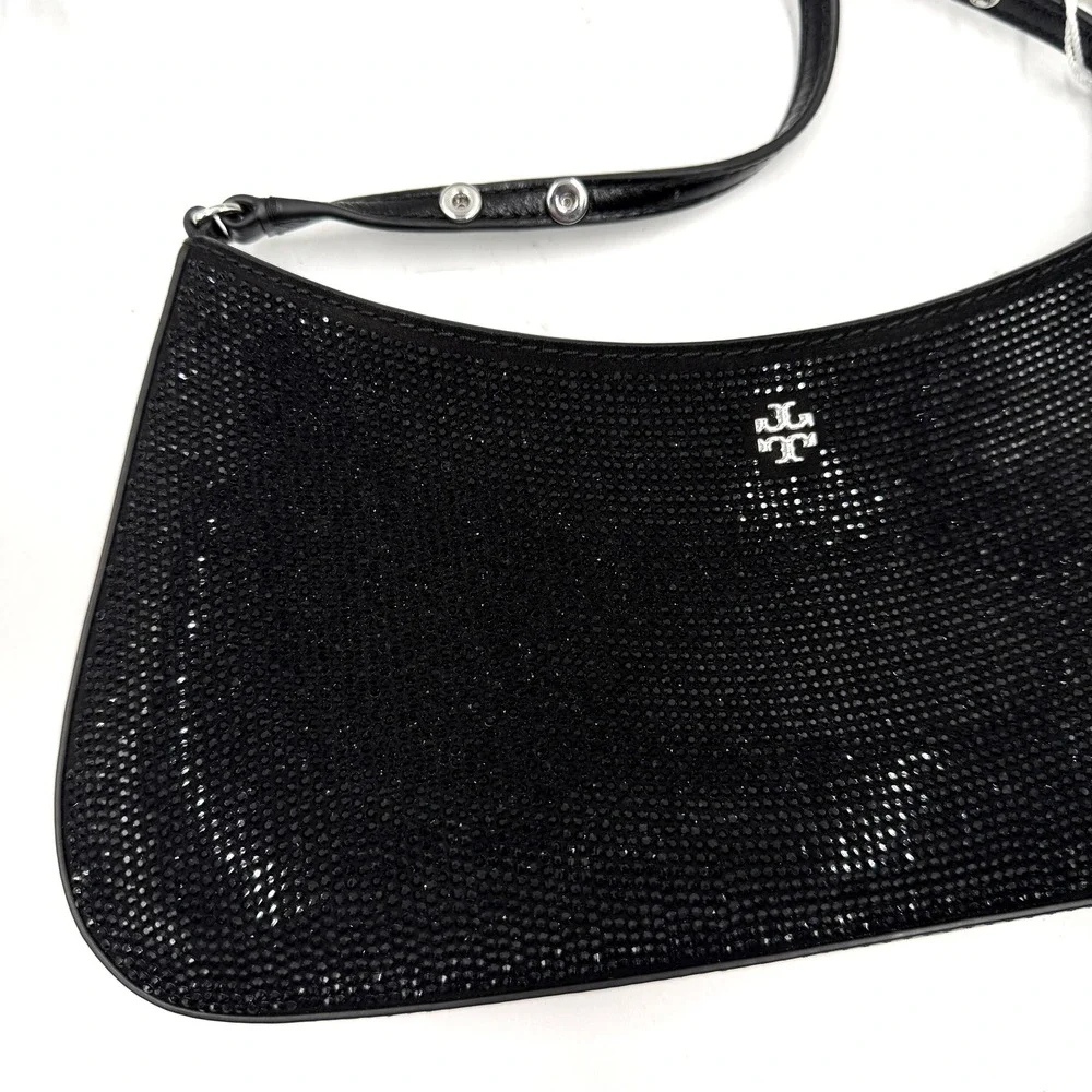 Tory Burch Emerson Crystal Embellished Shoulder Bag Black Leather Rhinestone